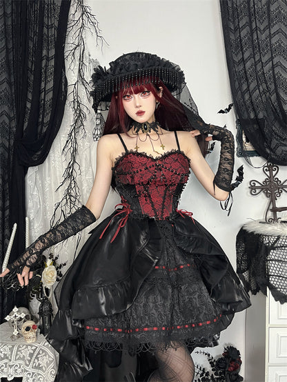 Black & Red Rose Beaded Chain Gothic Lolita Puffy Dress Jumper Skirt