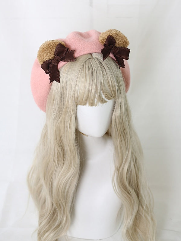 / Ear Detachable Bowknot With Coffee Beret Sweet Lolita Camel Pink Bear