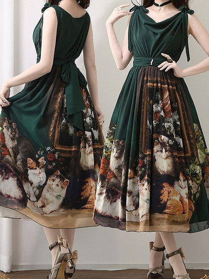 Dark Green Cat Oil Painting Print Elegant Lolita Maxi Dress with Cowl Neckline and Tie Straps