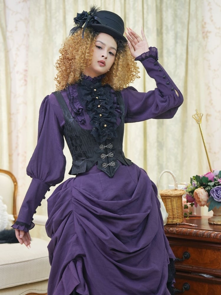 Purple Shirt Black Boned Waistcoat Skirt Set