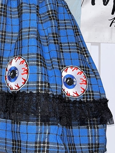 and Blue Trim Plaid Ruffle Y2K Punk Skirt Lace Eye with Embroidery