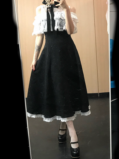 Maxi Innocent Clean Off-Shoulder Black on Flounce Tiered - Jirai Kei Dress Neckline