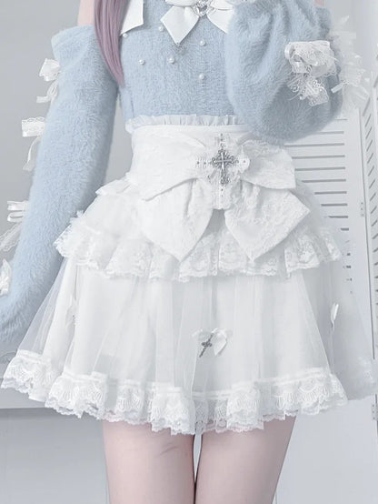 Detailing White Bow and Cross Tiered with Kei Skirt Jirai Tulle