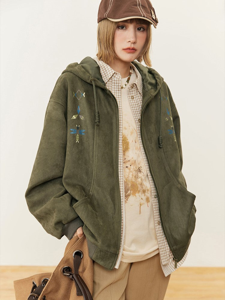 Ribbed Trim with Green Hood Vintage Print Hoodie Drawstring