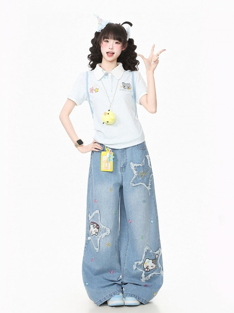 Blue Polka-Dot Tee with Bear Embroidery & Chick Charm - Languid Park