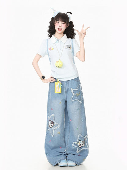 Blue Polka-Dot Tee with Bear Embroidery & Chick Charm - Languid Park