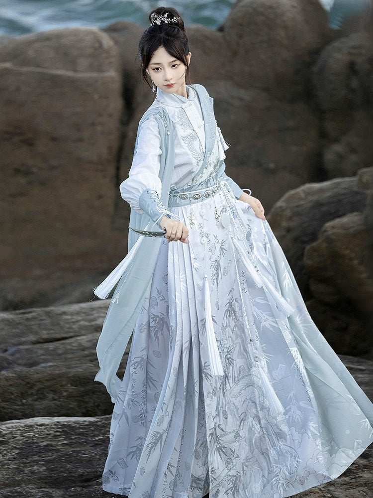 Hanfu Outfit Shirt & Mamian Skirt Set with Bamboo Dragon Print & Waist Chain - Han Ru Chu Hanfu &amp; Han-Element Studi