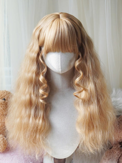 Karamell/Blond/Orange/Hellblonde lange gewellte Perücke mit vollem Pony