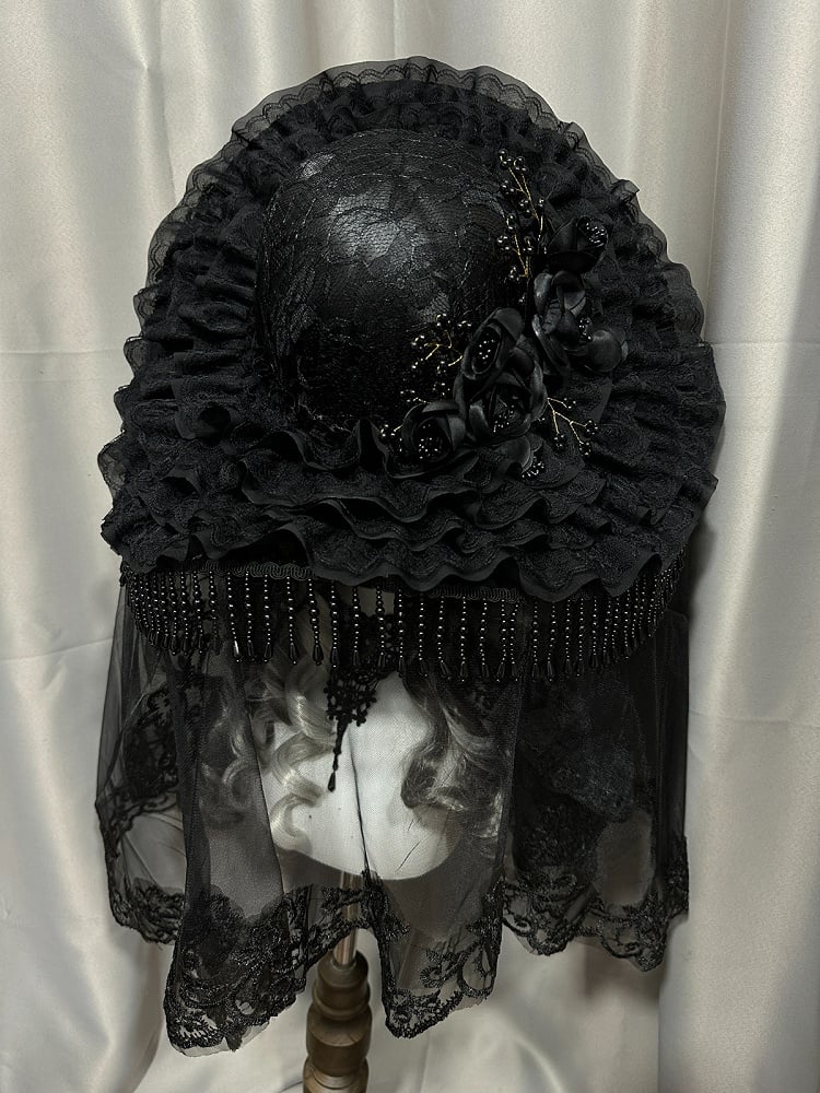 Black Gothic Lace Hat with Floral Tassel - Custom Made Earrings