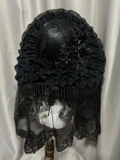 Black Gothic Lace Hat with Floral Tassel - Custom Made Earrings