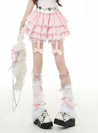 赤/ピンク/黒のレーストリムY2Kティアードスカート、グラマラス