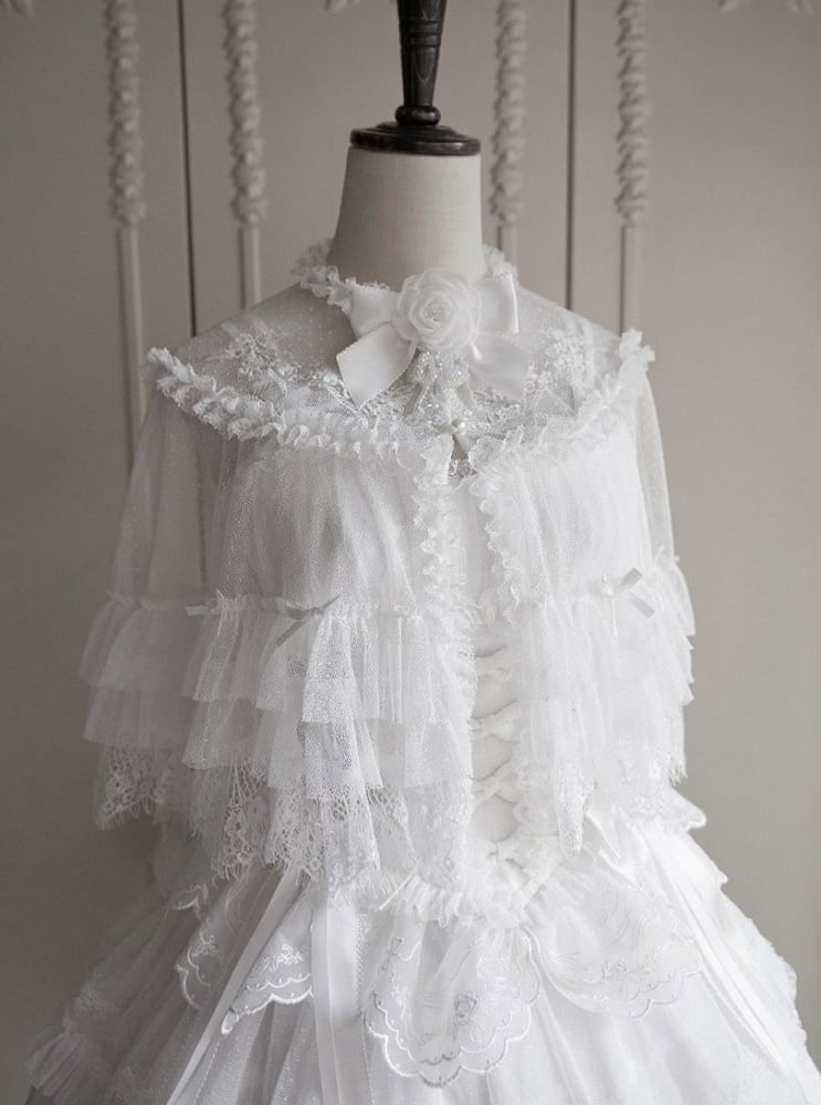 Buttons Tulle Shawl Embroidered White Bead with Lolita
