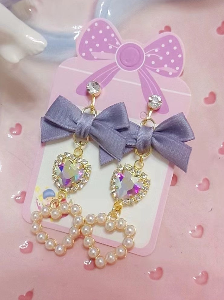 Kei Jirai Earrings Heart Rhinestone Bowknot