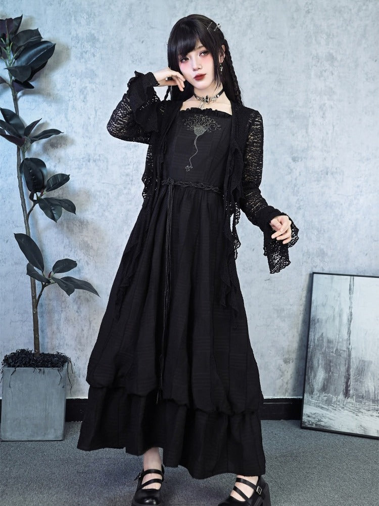 Black Hollow Lace Cardigan Asymmetrical Cut