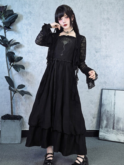 Black Hollow Lace Cardigan Asymmetrical Cut