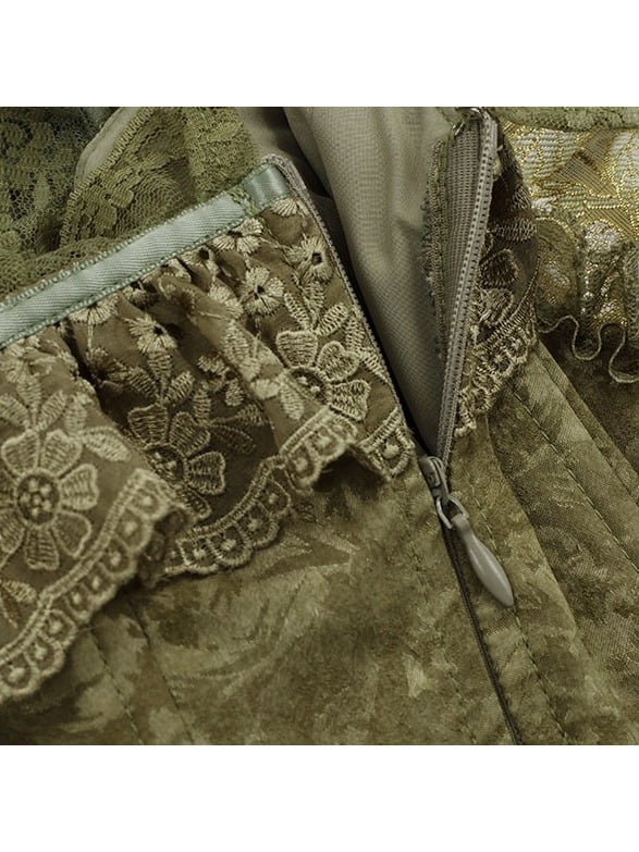 Dark Green Floral Lace Boned Corset with Satin Bow - Yimu Walnut