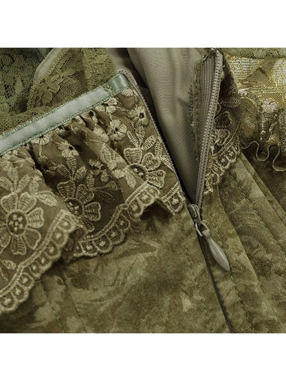 Dark Green Floral Lace Boned Corset with Satin Bow - Yimu Walnut