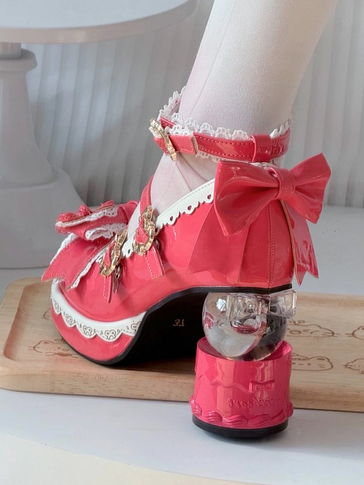 Lace-edged Platforms Transparent Ball-shaped Rose Heels Bow Pink PU - Lolita