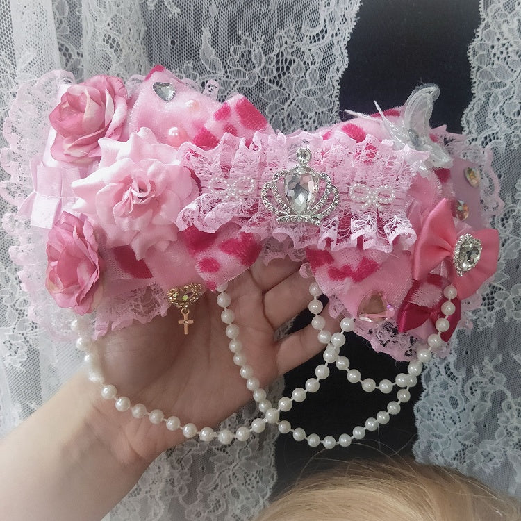 Leopard Design Charm Pattern Lace Bowknot Trim Pink Beaded Hairclip Floral Rhinestone Decorated