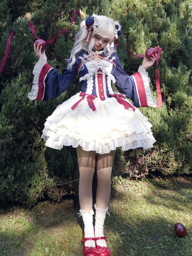 ダークブルーとレッドのドローストリングティアードフリルジャンパースカートセット