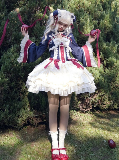 ダークブルーとレッドのドローストリングティアードフリルジャンパースカートセット