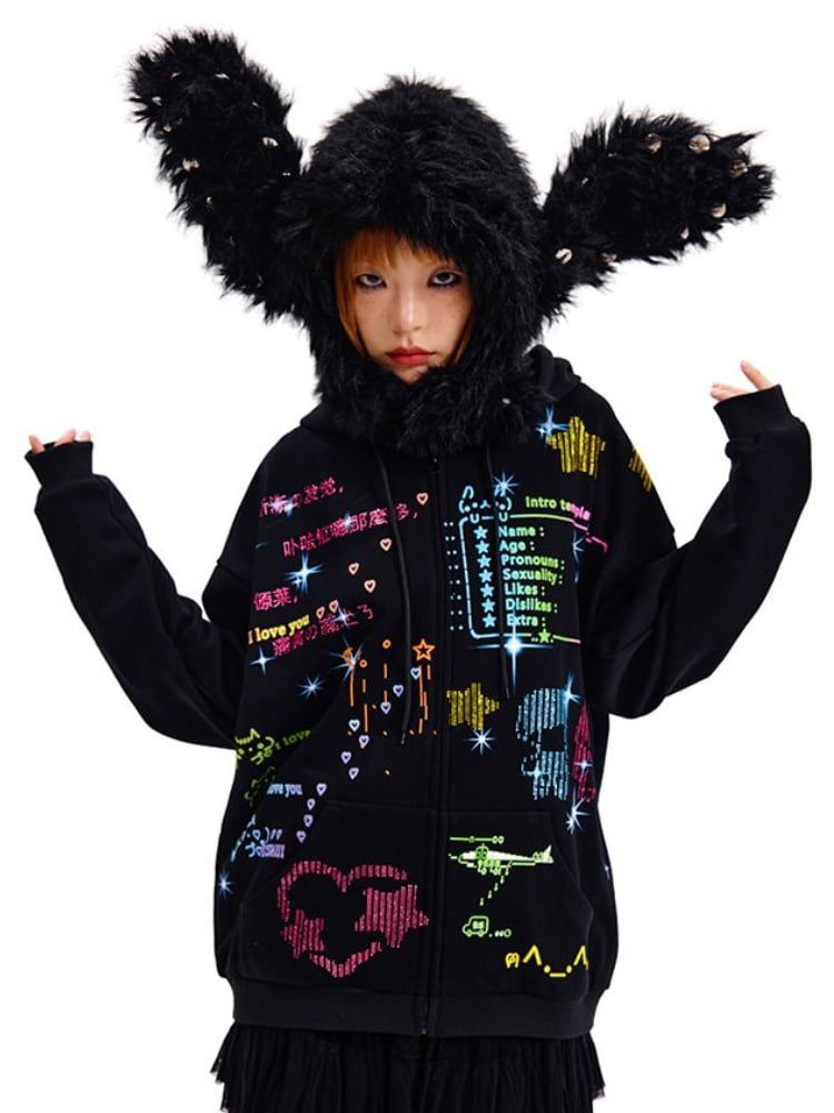 ブラック/ホワイトのスタッズ付きバニーイヤーハット