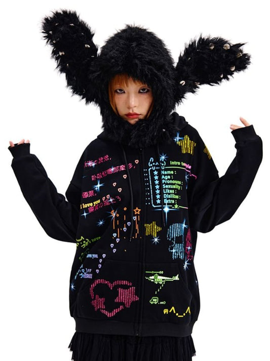 ブラック/ホワイトのスタッズ付きバニーイヤーハット