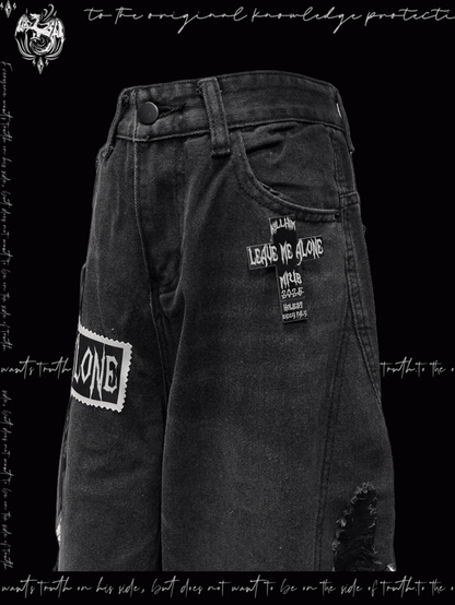 Y2K Cut Jeans Wide-leg Rock Punk Dark Gray Cross Applique Distressed Holes
