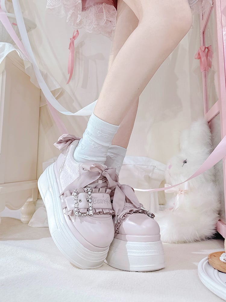 Platforms Kei Design Bow Pink Jirai Beaded Buckle Shoes Accents
