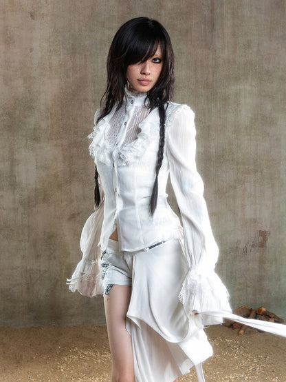 Beige Front Poet Semi-Sheer Blouse Chiffon Button Gothic Sleeves with