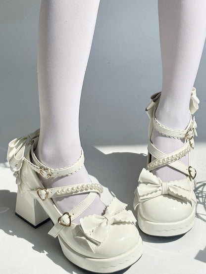 Plateau Mary Block mit überkreuzten Riemen - Janes Heel Schnalle High Sweet Lolita Weißes Herz Perlen
