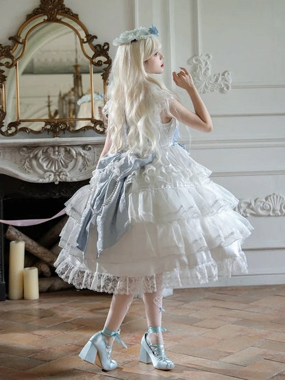 Hime Lolita-Rock mit Schleifen und blaues Hanayome-Stufenkleid mit weißer Dekoration