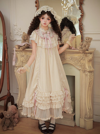 Beige Rosette Jacquard OP Dress with Ruffles - With PUJI