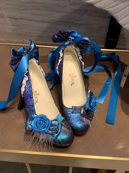 Blue & Purple Feather & Rose Theme 9.5cm High Heels with Lace-up Design - Cheese Mango