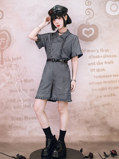 Gray Double-Breasted Short Sleeve Top with Embroidery & Ruffles - Quirky Hut