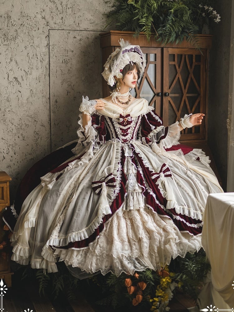 Ruffle High-low Lolita Red Shimmering Velvet Dress Cascading Hanayome and White