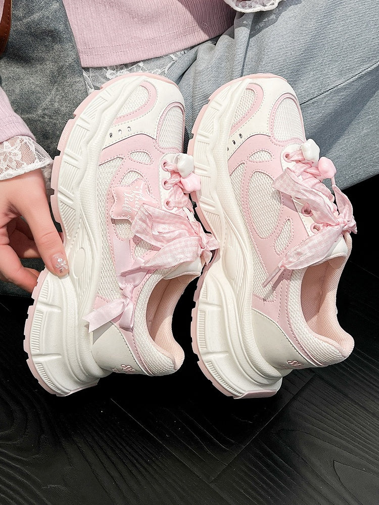 Design - Pink Lolita Platform Sneakers Lace-Up Star with Sweet Accents White Bow Plaid