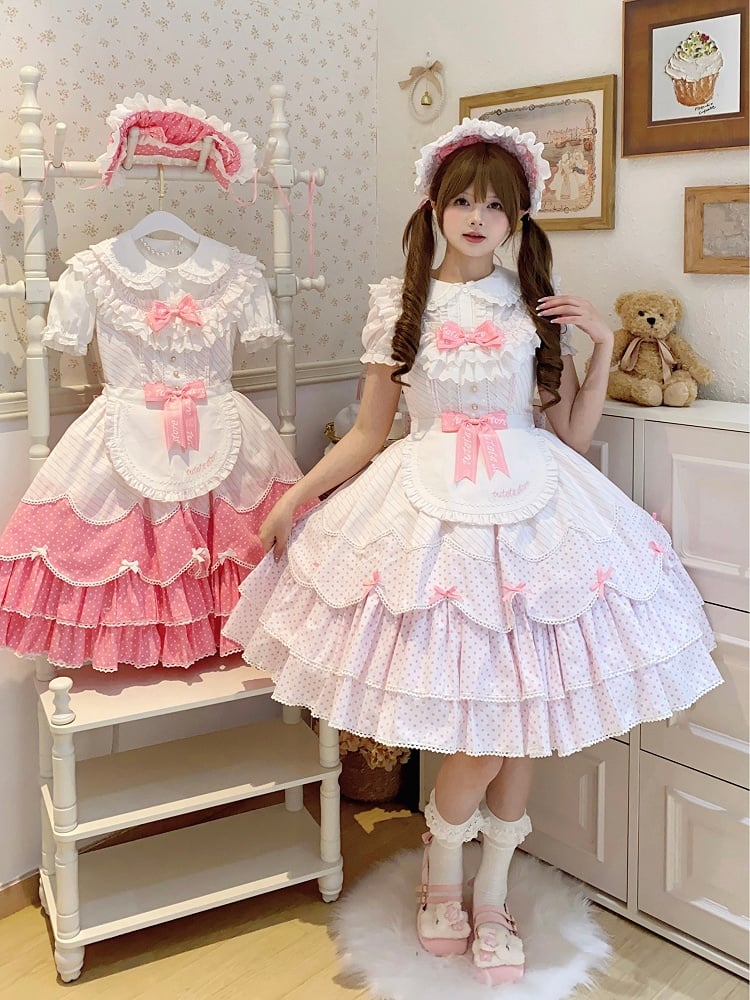 Lolita Jumper School White Pattern Pink Skirt Dress Polka Dots Old Stripes and