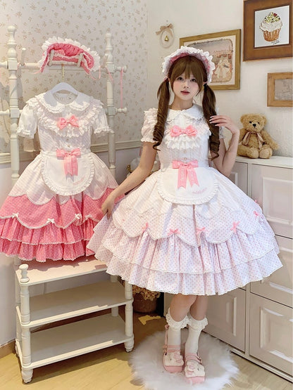 Lolita Jumper School White Pattern Pink Skirt Dress Polka Dots Old Stripes and