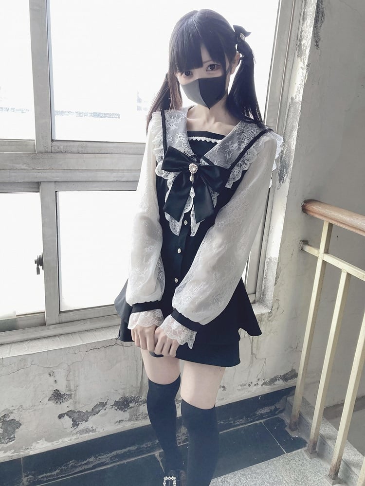 Mini Full Lace Set: Mesh Dress with Long Collar Jirai Black Sailor Sleeves Kei