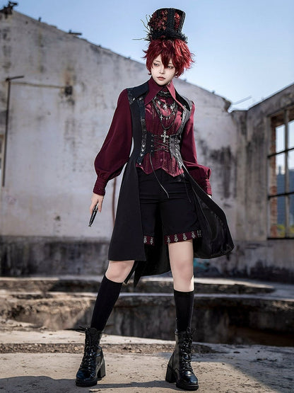 Straight-leg Shorts Black Lolita Ouji Cuffs Red