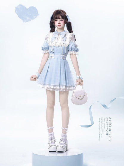 Blue Plaid and Neckline Lace-up with Cutout Kei Light Dress Jirai Shoulder