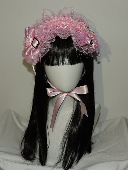 Design Lace Bowknot Hairband Floral Details Pink Trim
