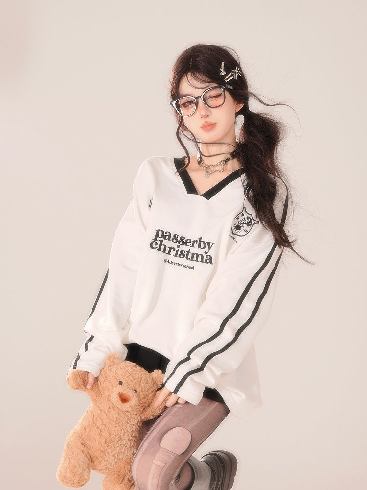 Sleeves White V-Neck Long Sleeve Preppy Top with Lettering Print and Striped