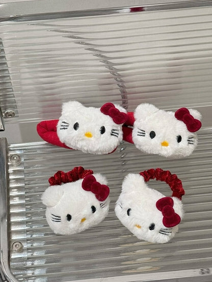 Red Kawaii Cat Hair Tie and Hairclip Set - IVONA boutique