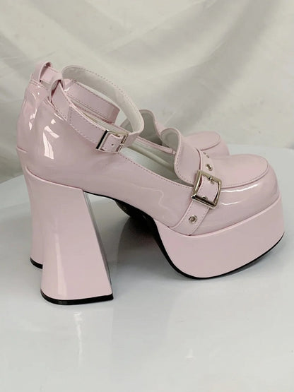 Platform High Block Heel & Buckle Design PU Peach Pink Y2K Shoes