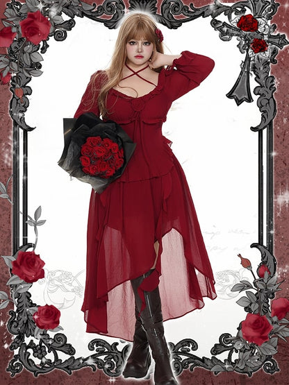 Plus Size Rosette Rotes Neckholder-Asymmetrisches Kleid