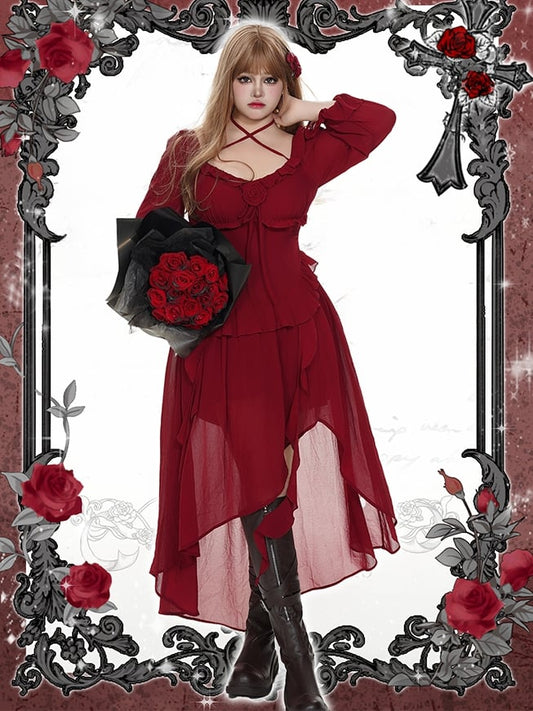 Plus Size Rosette Rotes Neckholder-Asymmetrisches Kleid