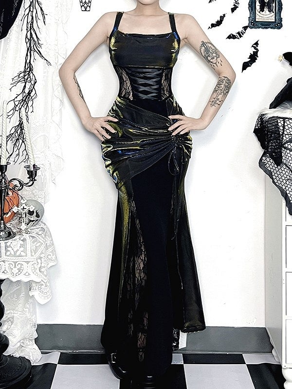 Black Metallic Slip Dress Mermaid Satin Lacing Gothic Halloween with Crisscross