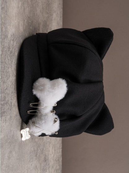 Gothic Decorated Bone Black Plush Pin Ear Hat Beret Design Cat